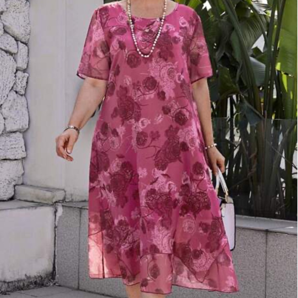 NWT! FlyCurvy Dress Fuchsia Chiffon Floral Print Layered Midi Dress Size 2XL-3XL